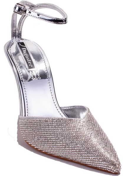 DZA07-1240870BB Gümüş Ayna Taşlı Abiye Topuklu Kadın Ayakkabı