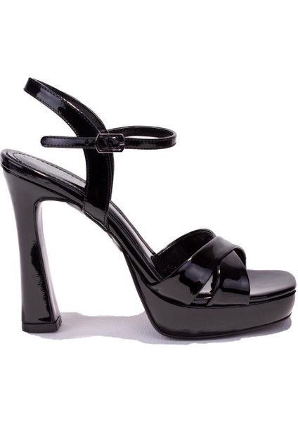 DZA07-405902BB Siyah Rugan Çapraz Bant Platform Topuklu Kadın Ayakkabı