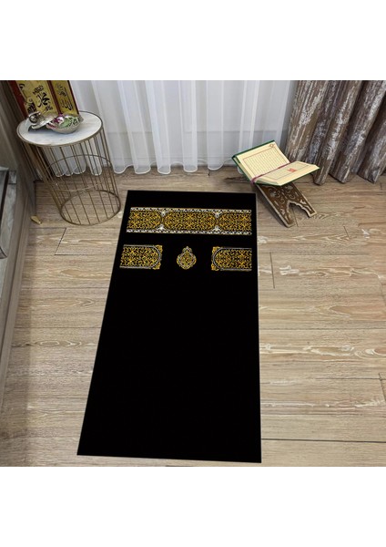 Dijital Baskılı Yıkanabilir Hediyelik Namazlık Seccade Halı, V-Seccade-46-Siyah,