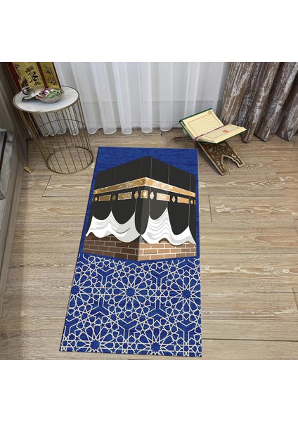Dijital Baskılı Yıkanabilir Hediyelik Namazlık Seccade Halı, V-Seccade-47-Mavi,