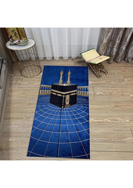Dijital Baskılı Yıkanabilir Hediyelik Namazlık Seccade Halı, V-Seccade-48-Mavi,