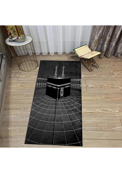 Dijital Baskılı Yıkanabilir Hediyelik Namazlık Seccade Halı, V-Seccade-48-Siyah,