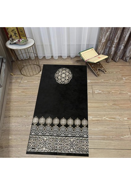 Dijital Baskılı Yıkanabilir Hediyelik Namazlık Seccade Halı, V-Seccade-44-Siyah,