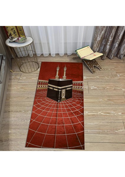 Dijital Baskılı Yıkanabilir Hediyelik Namazlık Seccade Halı, V-Seccade-48-Kırmızı,