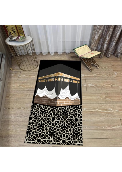 Dijital Baskılı Yıkanabilir Hediyelik Namazlık Seccade Halı, V-Seccade-47-Siyah,
