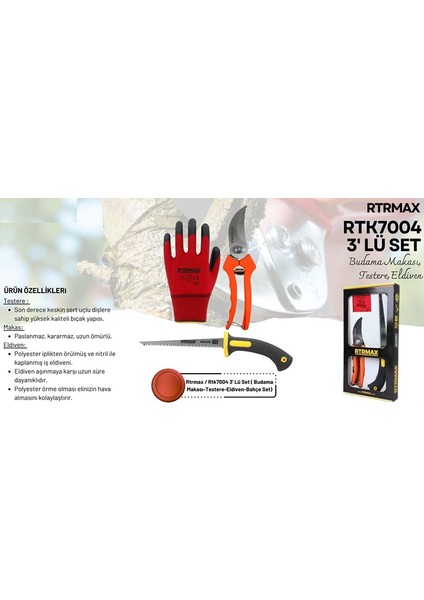 Toptancı Amca Rtrmax / RTK7004 3' Lü Set ( Budama Makası-Testere-Eldiven-Bahçe Set)