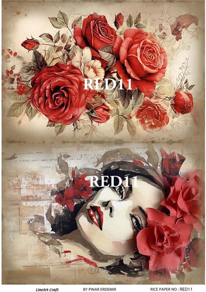 Red Serisi RED11 Kırmızı, Çiçek, Kadın Desenli Pirinç Dekopaj 30X42