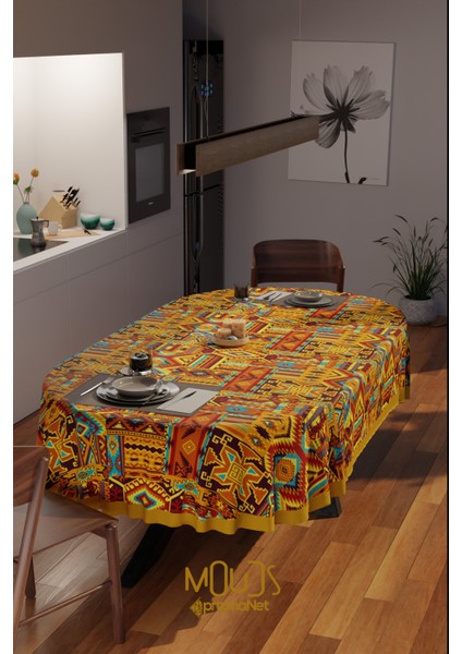 Etnik Kilim Desenli Süet Kumaş Dertsiz Oval Masa Örtüsü