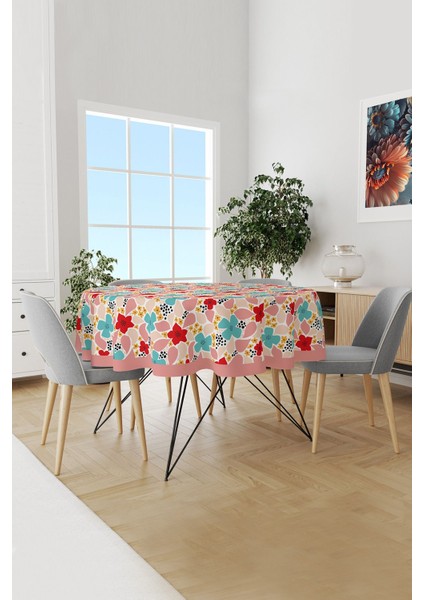 Canlı Renkli Çiçekler Desenli Yuvarlak Süet Dertsiz Masa Örtüsü