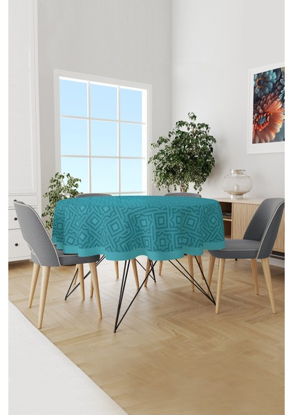 Turkuaz Beşgen Desenli Yuvarlak Süet Dertsiz Masa Örtüsü