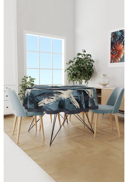 Blue Brush Desenli Yuvarlak Süet Dertsiz Masa Örtüsü
