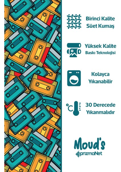 90'lar Kaset Desenli Yuvarlak Süet Dertsiz Masa Örtüsü