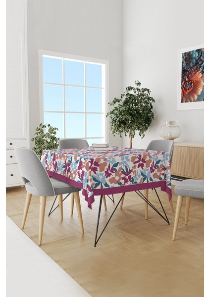 Mor Mavi Çiçekler Desenli Süet Dertsiz Masa Örtüsü