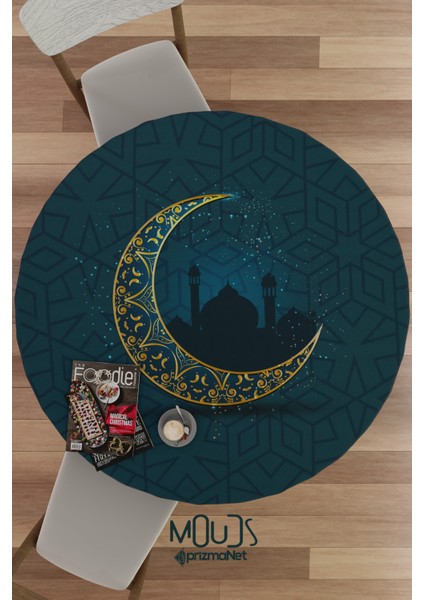 Ramazan Ay ve Camii Silüet Desenli Süet Kumaş Dertsiz Yuvarlak Masa Örtüsü Ramadan