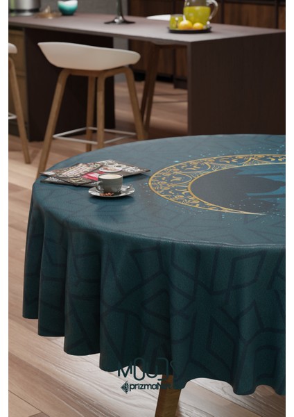 Ramazan Ay ve Camii Silüet Desenli Süet Kumaş Dertsiz Yuvarlak Masa Örtüsü Ramadan