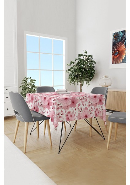 Pembe Çiçek Desenli Süet Dertsiz Masa Örtüsü