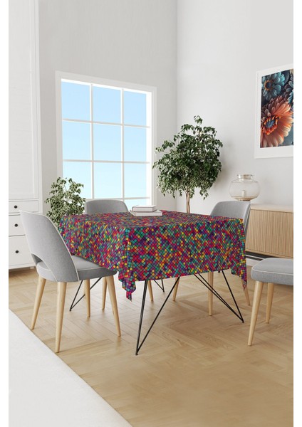 Renkli Kareler Desenli Süet Dertsiz Masa Örtüsü