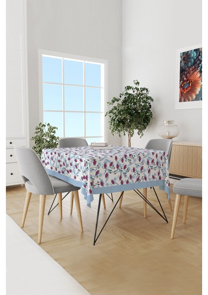 Mavi Karanfil Desenli Süet Dertsiz Masa Örtüsü