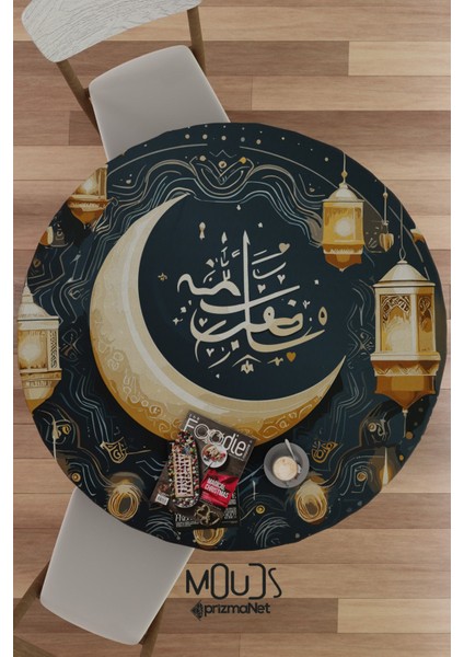 Ramazan Lacivert Ay ve Lamba Desenli Süet Kumaş Dertsiz Yuvarlak Masa Örtüsü Ramadan