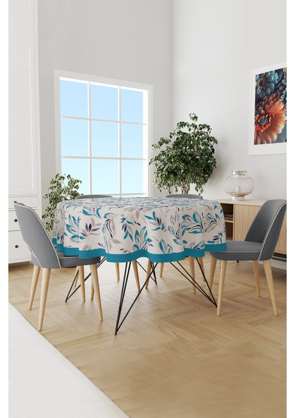 Mavi Çiçek Desenli Yuvarlak Süet Dertsiz Masa Örtüsü