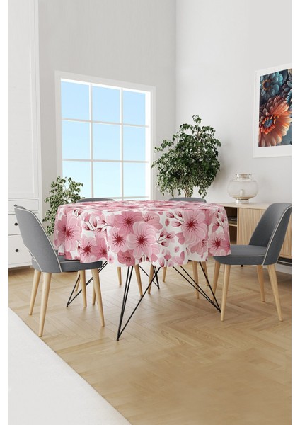 Pembe Çiçek Desenli Yuvarlak Süet Dertsiz Masa Örtüsü