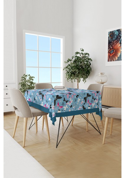 Mavi Kelebekler Desenli Süet Dertsiz Masa Örtüsü