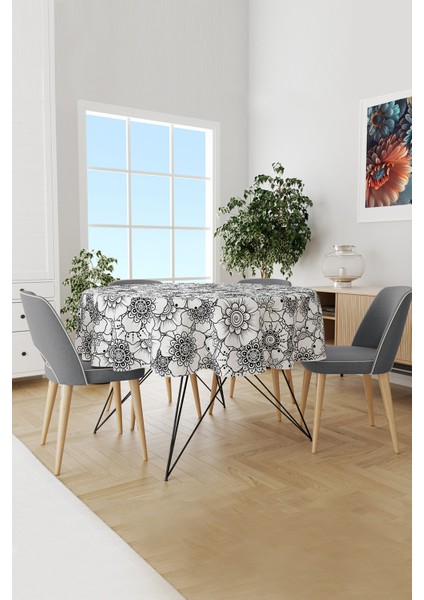 Siyah Çiçek Serisi Desenli Yuvarlak Süet Dertsiz Masa Örtüsü