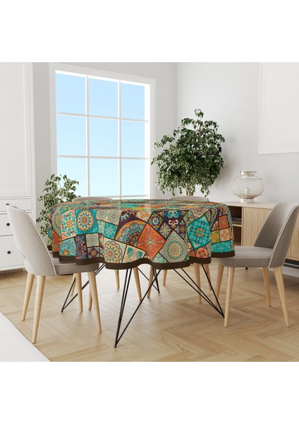 Osmanlı Desenli Yuvarlak Süet Dertsiz Masa Örtüsü