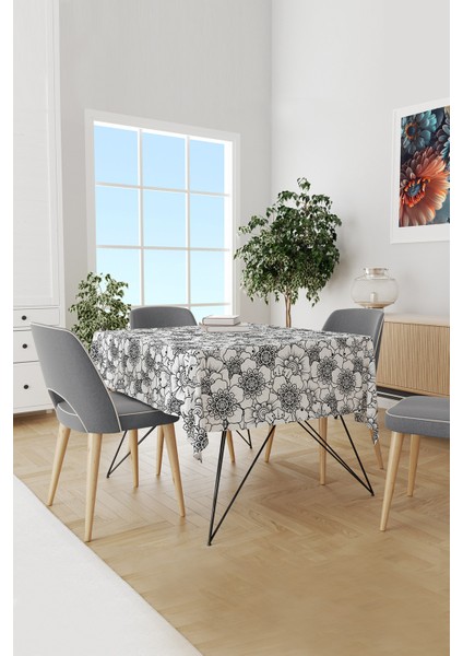 Siyah Çiçek Serisi Desenli Süet Dertsiz Masa Örtüsü