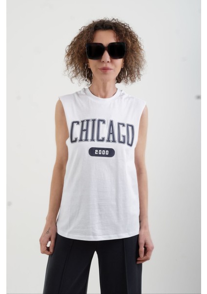 Beyaz Chicago Baskılı Kolsuz Tshirt