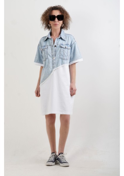 Beyaz Asimetrik Denim Iki Iplik Mix Elbise