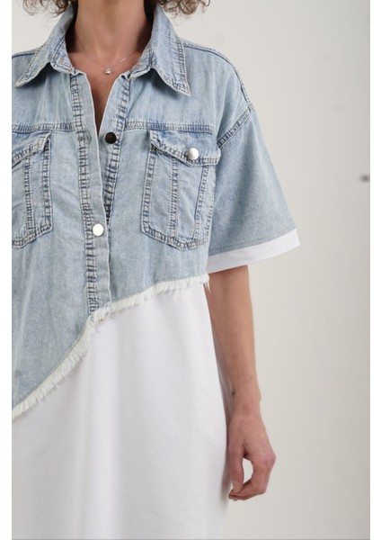 Beyaz Asimetrik Denim Iki Iplik Mix Elbise fiyatları
