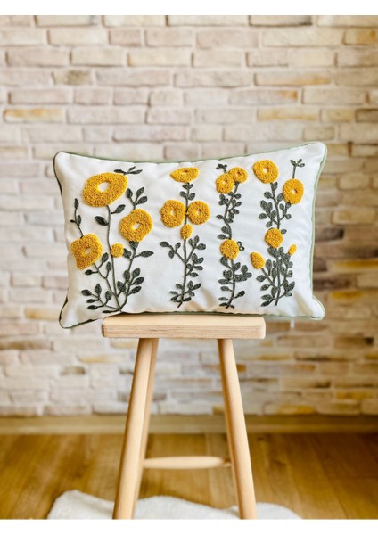 Home Punch Işlemeli Tekli Dekoratif Papatya Desen Kırlent Kılıfı (Panç)