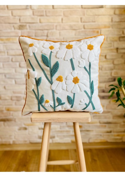 Home Punch Işlemeli Tekli Dekoratif Papatya Desen Kırlent Kılıfı (Panç)