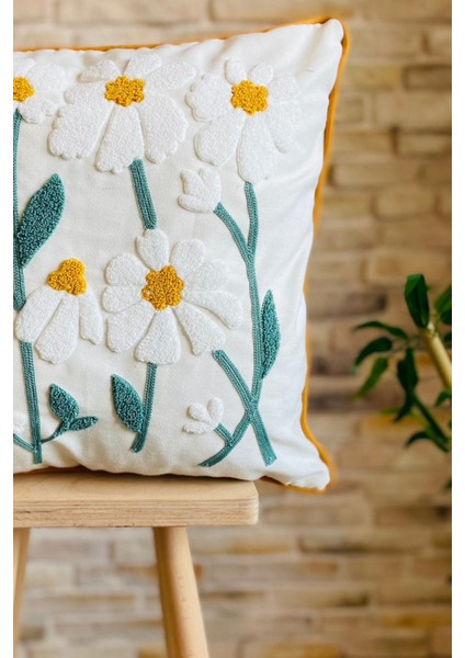 Home Punch Işlemeli Tekli Dekoratif Papatya Desen Kırlent Kılıfı (Panç)