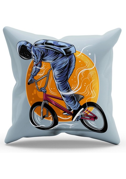 Çift Tarafı Baskılı Bisikletli Astronot Desenli Süet Kırlent Kılıfı