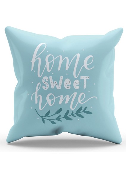 Çift Tarafı Baskılı Mavi Sweet Home Yazı Desenli Süet Kırlent Kılıfı - PL1107