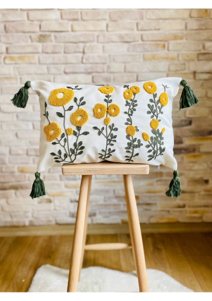 Home Punch Işlemeli Tekli Dekoratif Papatya Desen Kırlent Kılıfı (Panç)