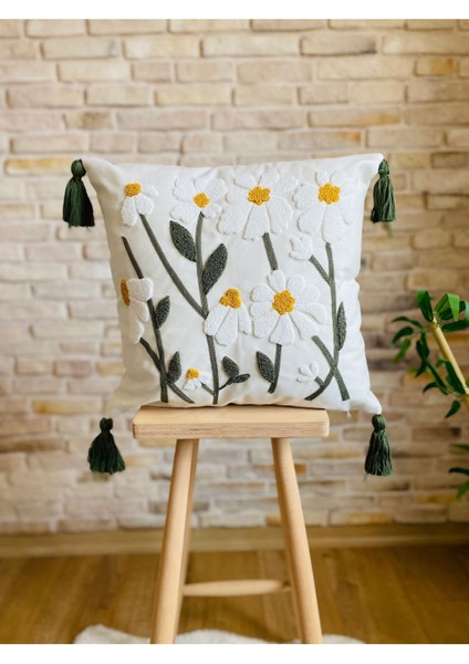 Home Punch Işlemeli Tekli Dekoratif Papatya Desen Kırlent Kılıfı (Panç)