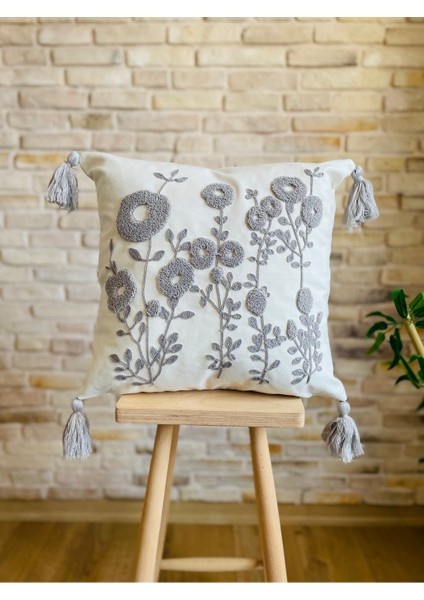 Home Punch Işlemeli Tekli Dekoratif Papatya Desen Kırlent Kılıfı (Panç)