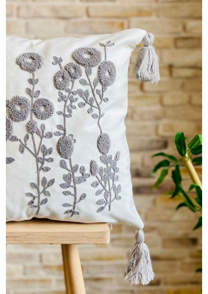Home Punch Işlemeli Tekli Dekoratif Papatya Desen Kırlent Kılıfı (Panç)