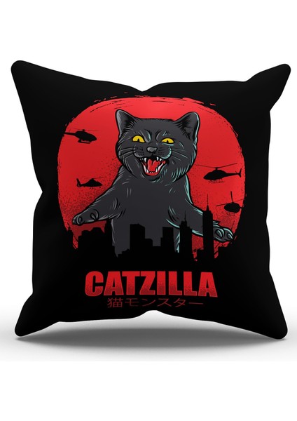 Çift Tarafı Baskılı Catzilla Desenli Süet Kırlent Kılıfı - PL787