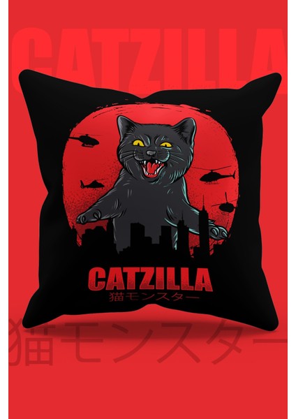 Çift Tarafı Baskılı Catzilla Desenli Süet Kırlent Kılıfı - PL787