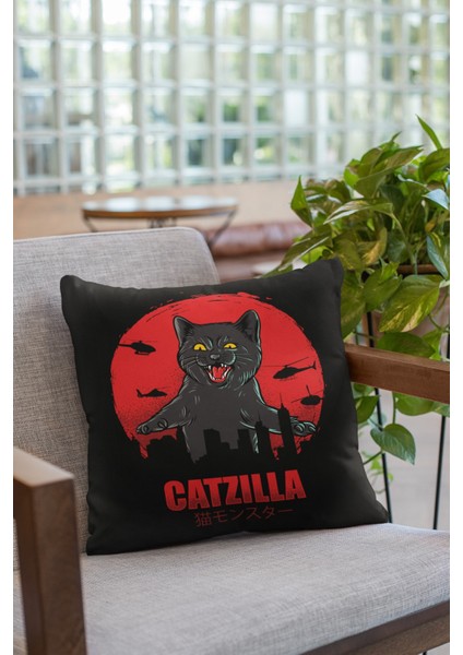 Çift Tarafı Baskılı Catzilla Desenli Süet Kırlent Kılıfı - PL787