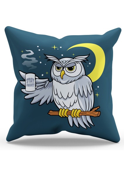 Çift Tarafı Baskılı Gece Baykuş Desenli Süet Kırlent Kılıfı - PL794