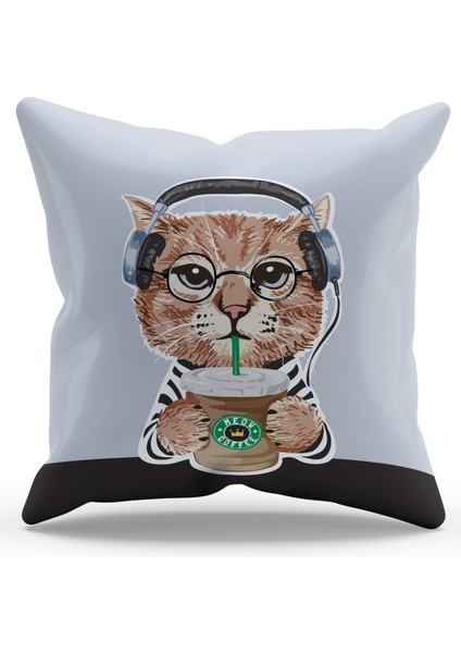 Çift Tarafı Baskılı Kulaklıklı Kedi Desenli Süet Kırlent Kılıfı - PL785