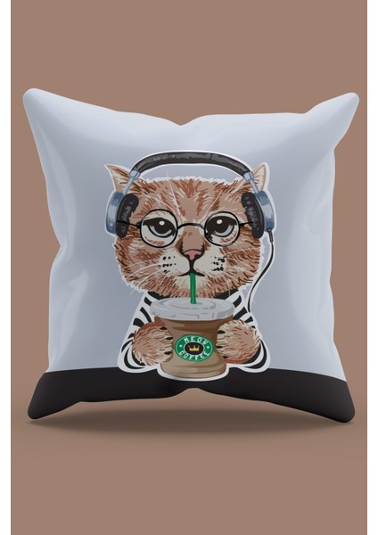 Çift Tarafı Baskılı Kulaklıklı Kedi Desenli Süet Kırlent Kılıfı - PL785 fiyatları