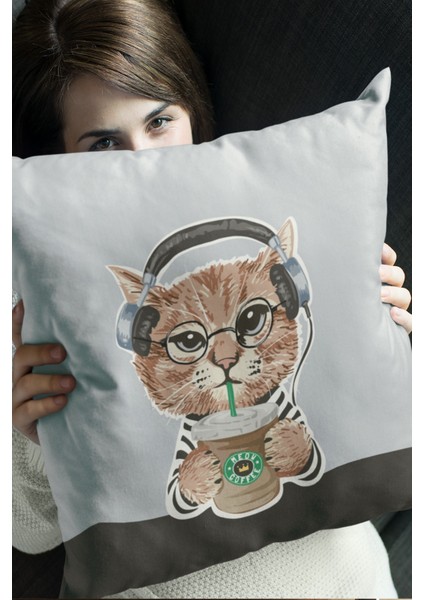 Çift Tarafı Baskılı Kulaklıklı Kedi Desenli Süet Kırlent Kılıfı - PL785 modelleri