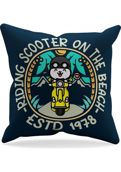 Çift Tarafı Baskılı Scooter Kedi-3 Desenli Süet Kırlent Kılıfı - PL801