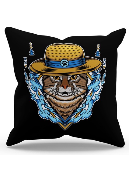 Çift Tarafı Baskılı Siyah Şapkalı Kedi Desenli Süet Kırlent Kılıfı - PL784